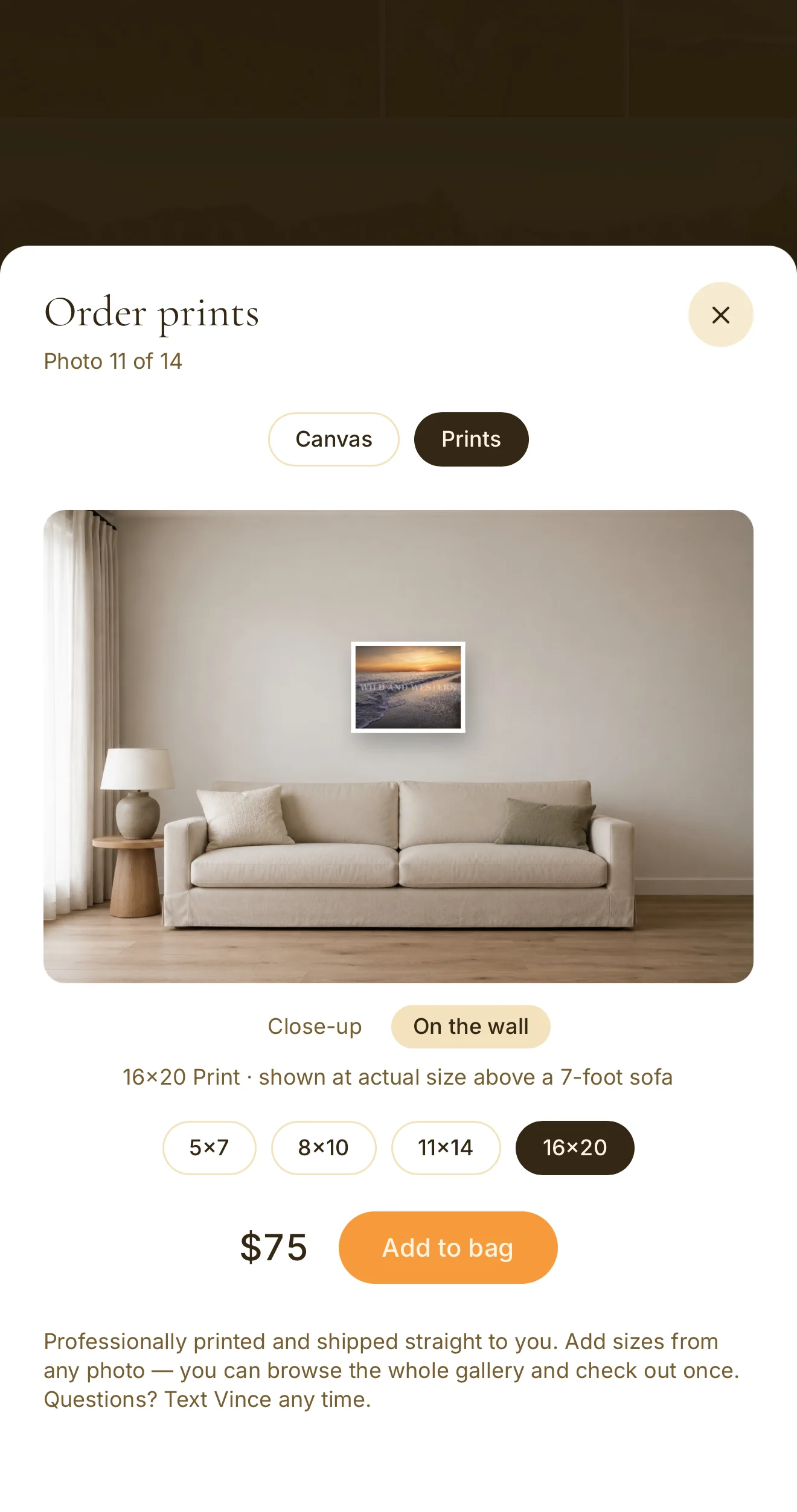 Ordering a print from inside a gallery