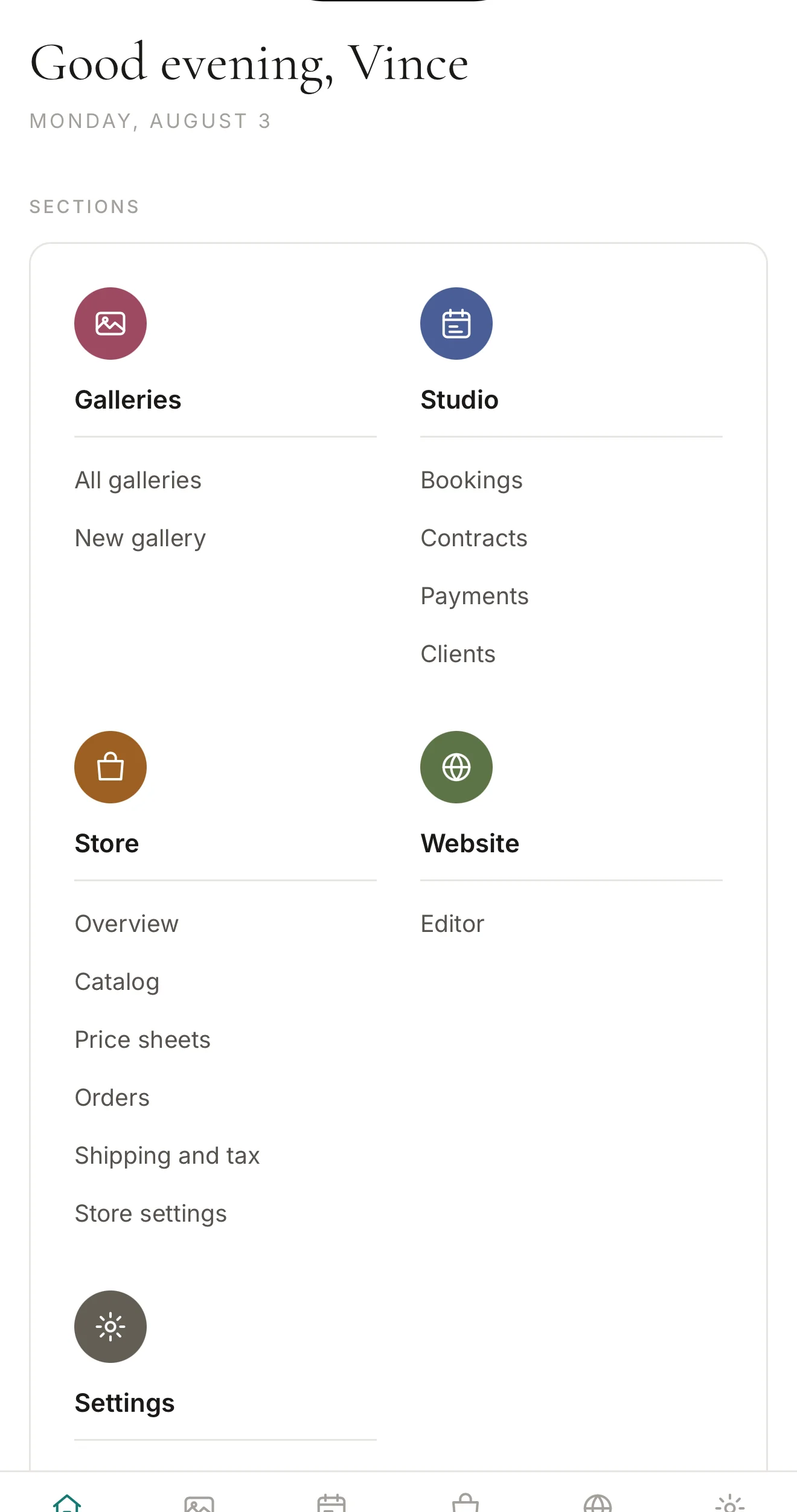 The studio home screen