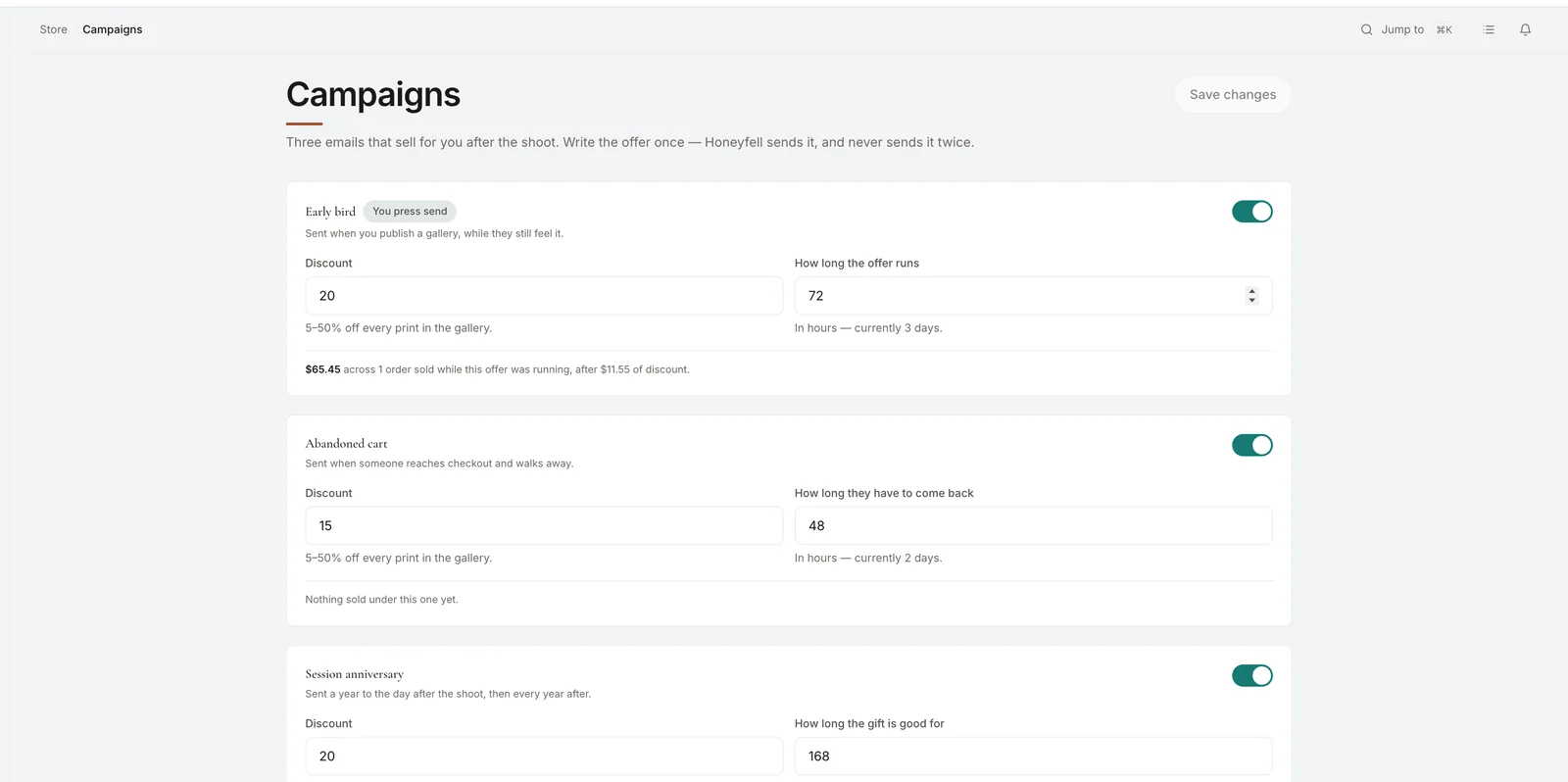 The campaigns page with the session-anniversary email armed to send a year to the day after the shoot