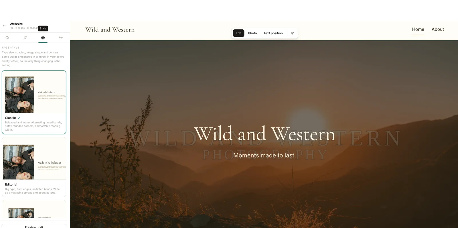 The website editor, choosing a Look for a studio site