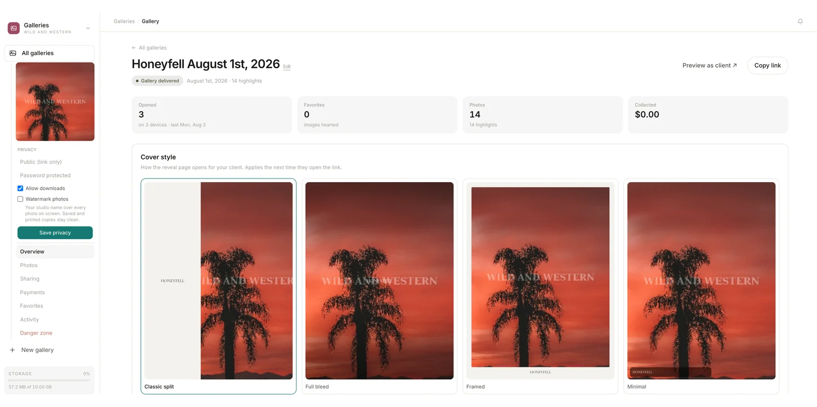 A delivered gallery's overview page, with four cover styles to choose from